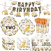 201pcs Construction 2nd Birthday Party Decorations 2nd Plates Napkins Tableware Set Disposable Paper Cup Banner Hanging Swirl Tablecloth for Boys Construction Two Years Old Party Supplies Serves 24