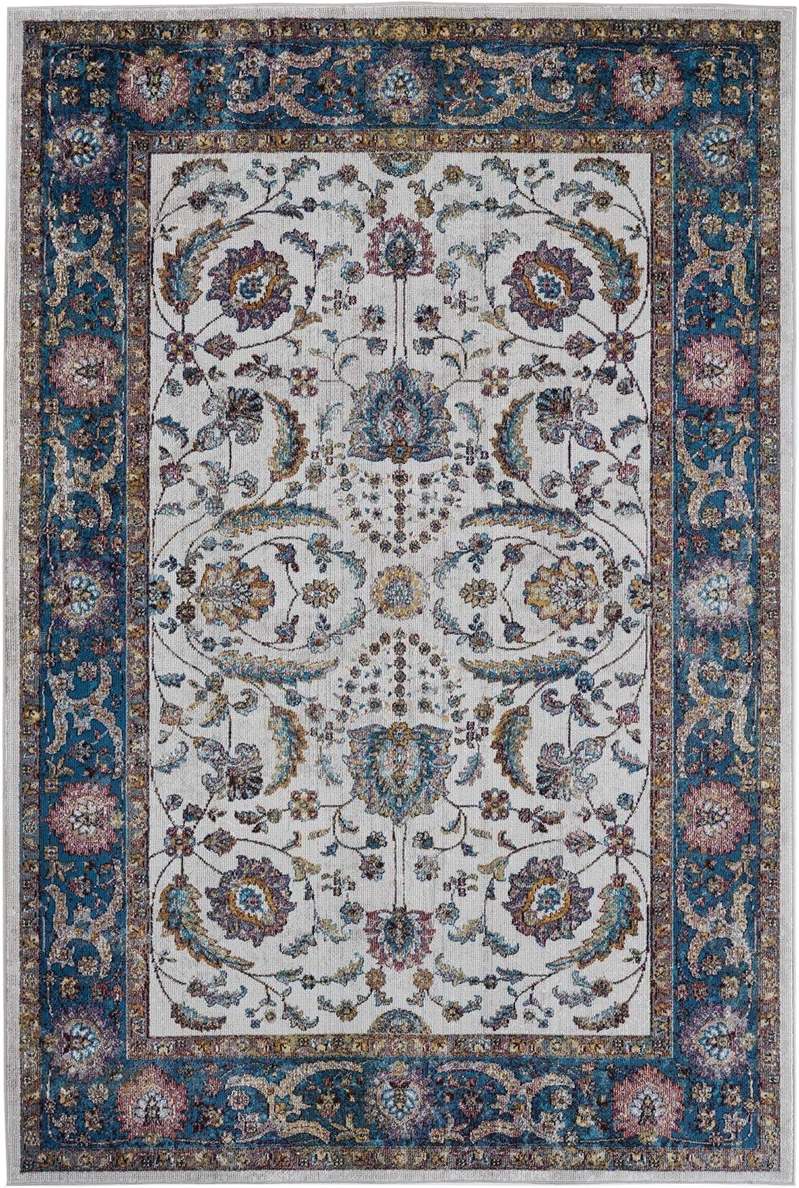 Hauteloom Mardin Persian Oriental Living Room Area Rug - Traditional Floral - Colorful Carpet - Vintage Bohemian - Beige, Blue, Fuschia - 5'3" x 7'3"