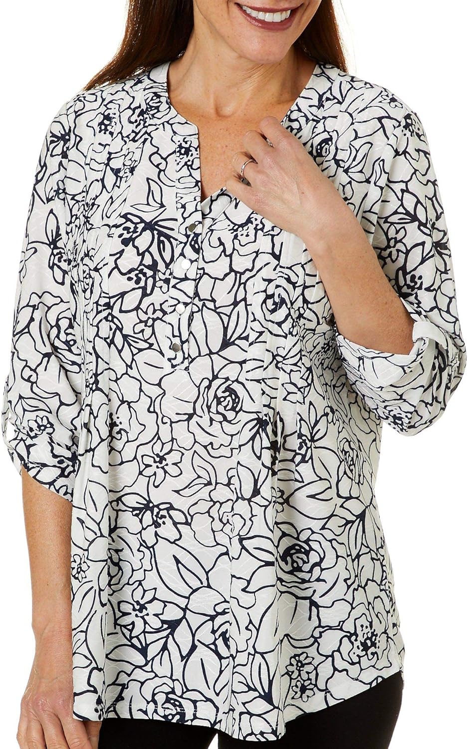 Cathy Daniels Petite Floral Pleated Roll Tab Sleeve Top at Amazon Women