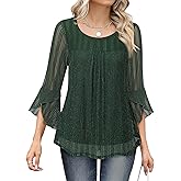 Bebonnie Women's Ruffle 3/4 Sleeve Elegant Dressy Blouses Crew Neck Double Layers Mesh Tunic Tops