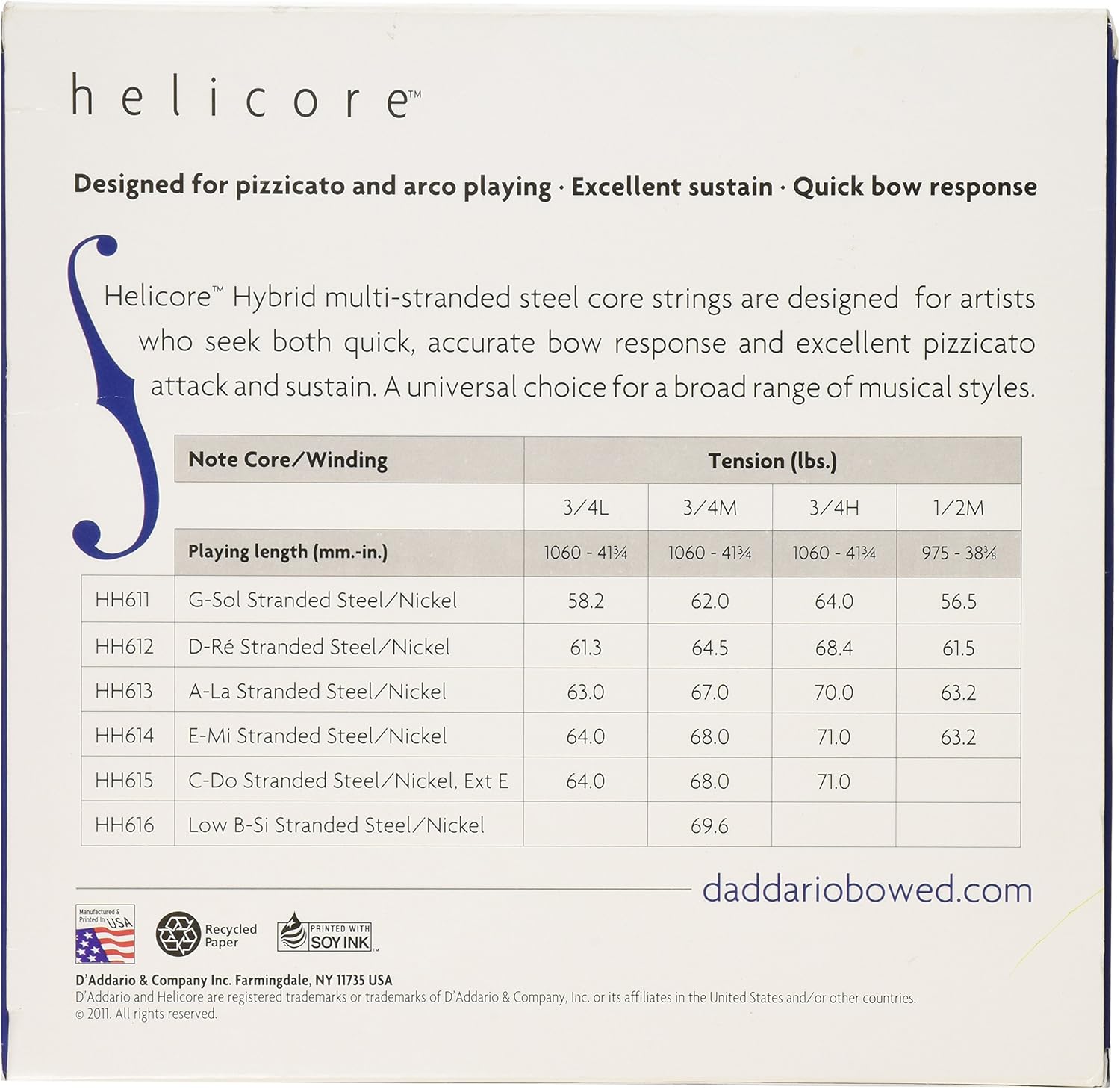 D'Addario Helicore 3/4 Scale Heavy Tension Hybrid Bass String Set, Silver, Full Set - Image 3