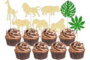 Gyufise 24Pcs Gold Jungle Safari Animal Cupcake Toppers Green Leaf Safari Jungle Wild Animals Cupcake Picks for Jungle Theme Baby Shower Kids Birthday Party Cake Decorations Supplies