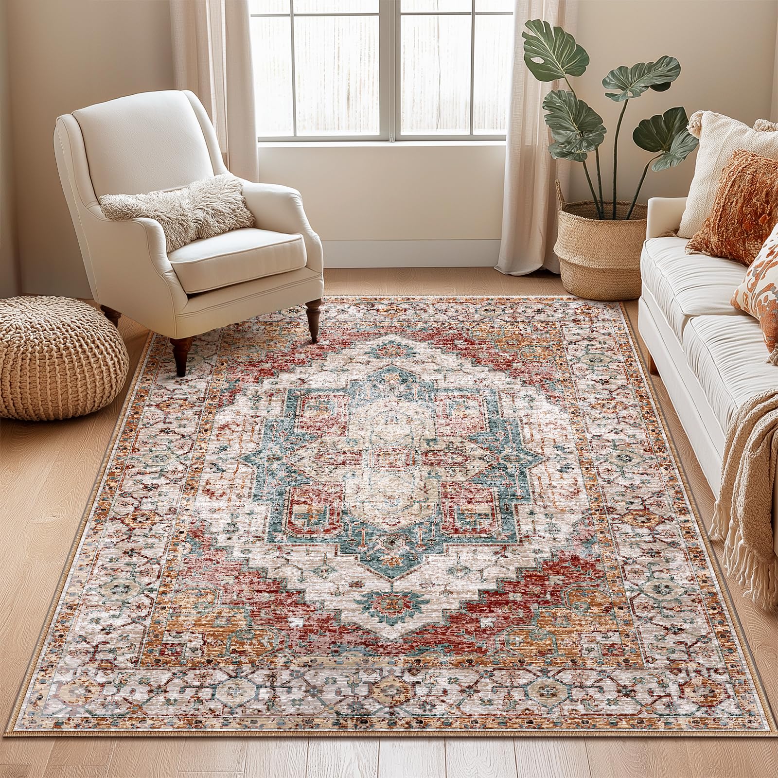 Photo 1 of Washable 4x6 Area Rugs, Rugs for Living Room, Low-Pile Water&Stain Resistant Carpet Vintage Distressed Printed Non-Slip Carpet for Bedroom Bathroom Kitchen-Yellow/Brown