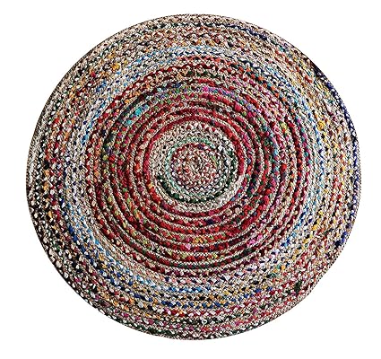 The Home Talk Cotton and Jute Braided Floor Rug, 120 cm Round diamater- Multicolor