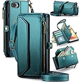 Strapurs Crossbody Wallet Case Compatible with iPhone 8 Plus / 7 Plus RFID Blocking 10-Card Holder Soft PU Leather Magnetic Closure Shoulder Strap Zipper Pocket Phone Case for Women 5.5" - Blue Green