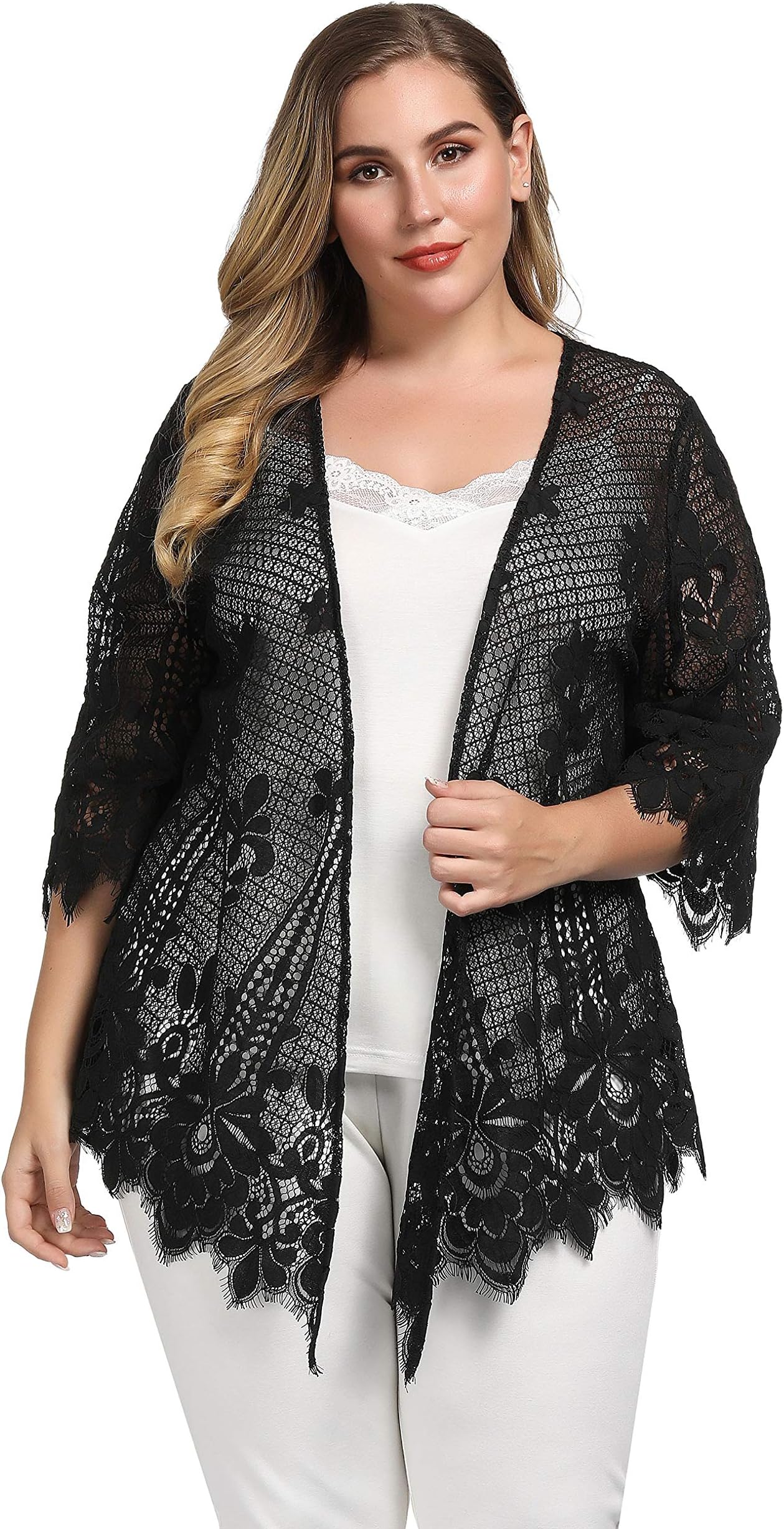 Women's Plus Size Scalloped Lace Kimono Lace Cover Up Top Black 2X