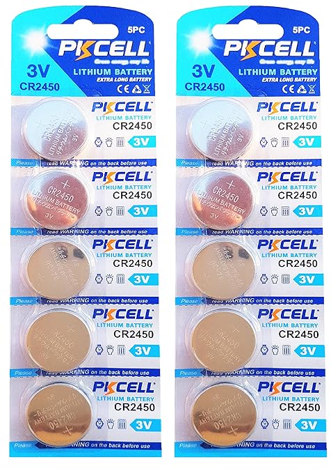 10 x CR2450 3V Lithium Knopfzelle 600 mAh ( 2 Blistercards a 5 Batterien ) Markenware PKCELL FBA