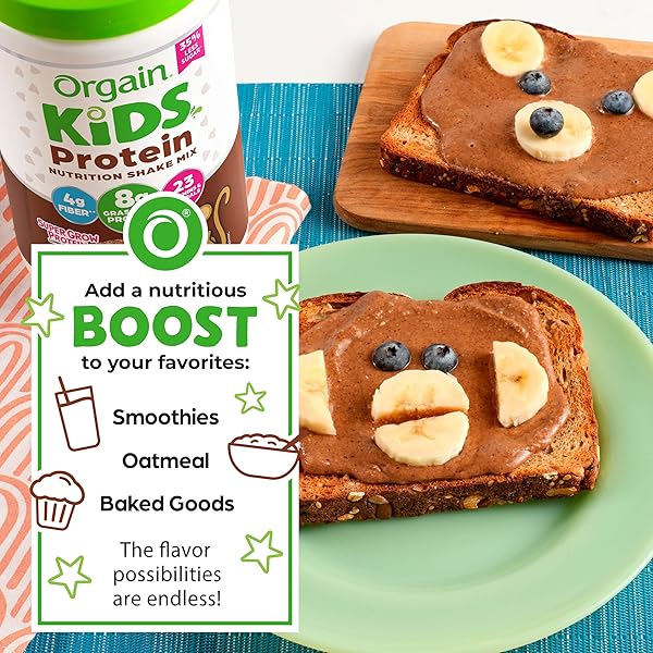 ORGAIN KIDS PROTEIN POWDER SHAKE MIX, CHOCOLATE BROWNIE – 8G GRASS-FED DAIRY PROTEIN, 4G FIBER, 23 VITAMINS & MINERALS, GLUTEN FREE, NO SOY INGREDIENTS, ADDS HEALTHY NUTRIENTS TO KIDS SNACKS, 1LB