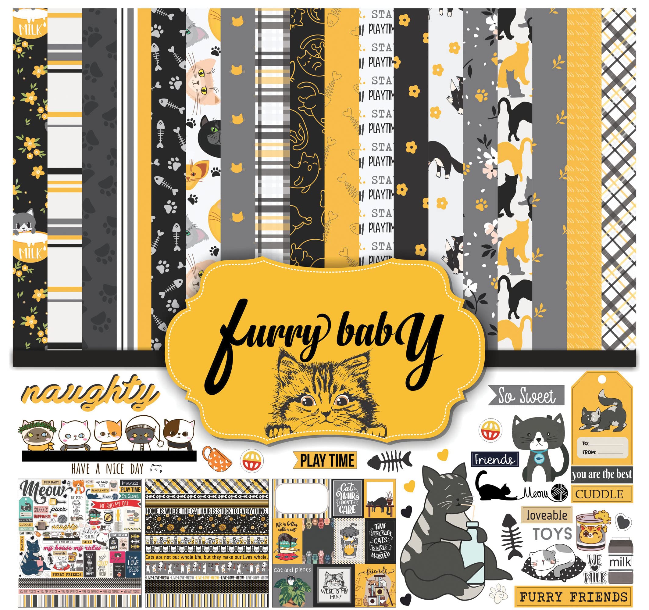 Inkdotpot Black & Yellow Cat Theme Collection Double,Sided Scrapbook Paper Kit Cardstock 12"x12" Card Making Paper Pack of with Sticker Sheet - 16 Pages - Black & Yellow