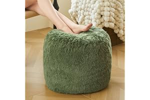 XeGe Fluffy Faux Fur Inflatable Pouf Ottoman, Cozy Portable Shaggy Fuzzy Foot Stool Moss, Plush Furry Foot Rest Floor Pouf, Round Ottoman Cushion for Living Room Bedroom Home Decor, Sage Green