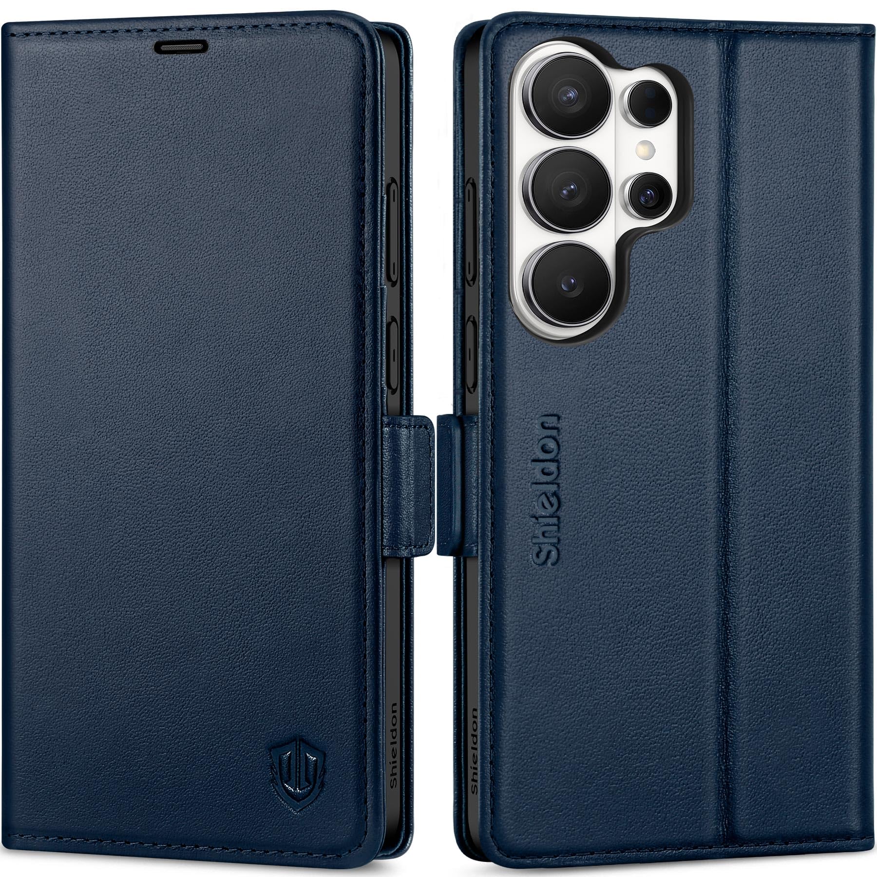 SHIELDON Case Wallet for Galaxy S26 Ultra 6.9", Genuine Leather, RFID Blocking Credit Card Holder, Kickstand, Shock Absorbing Protective Cover Compatible with Galaxy S26 Ultra 2026 - Navy Blue