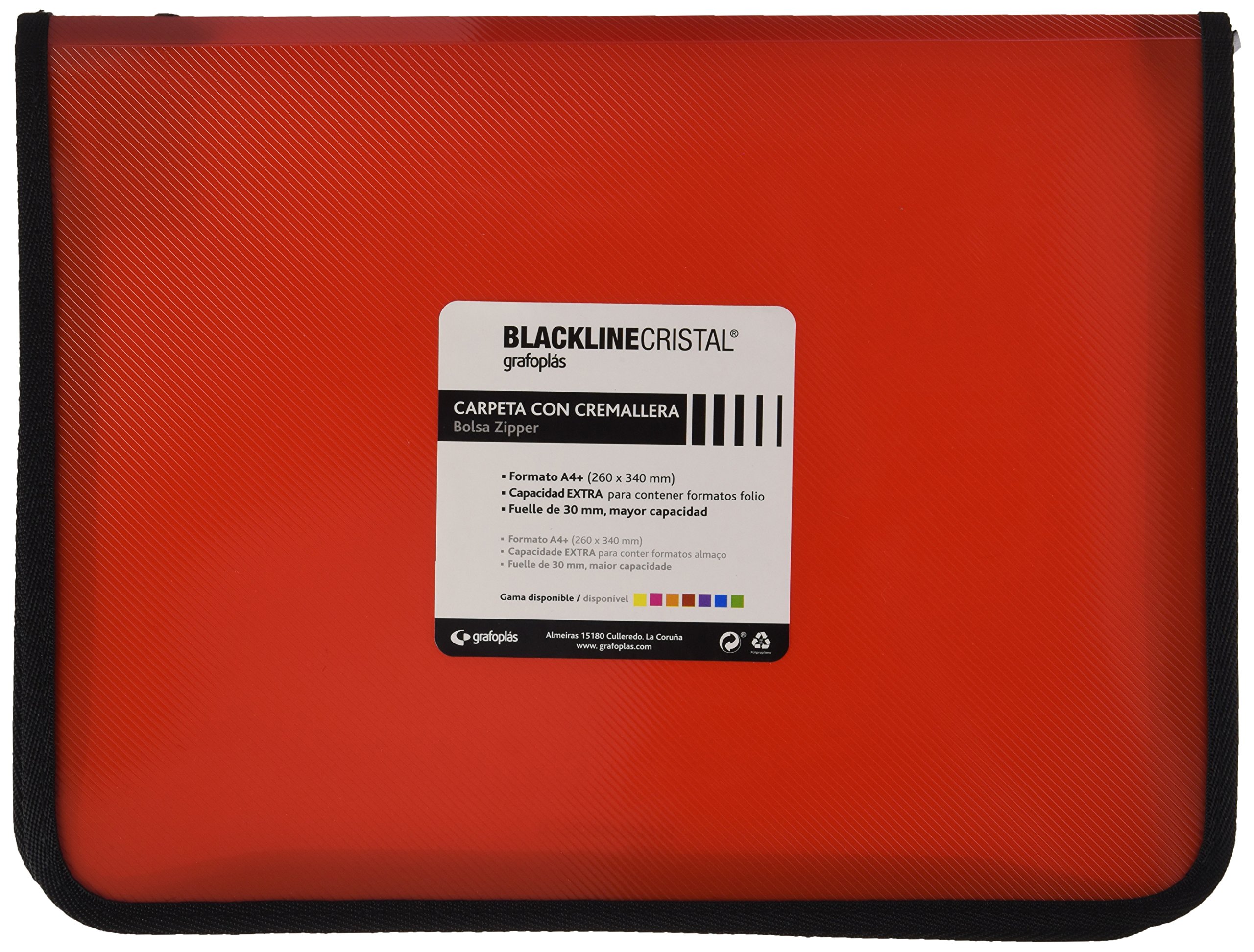 Grafoplás 4800651 – Folder with Zip, Red, A4+, Polypropylene Cover, Model Blackline Cristal
