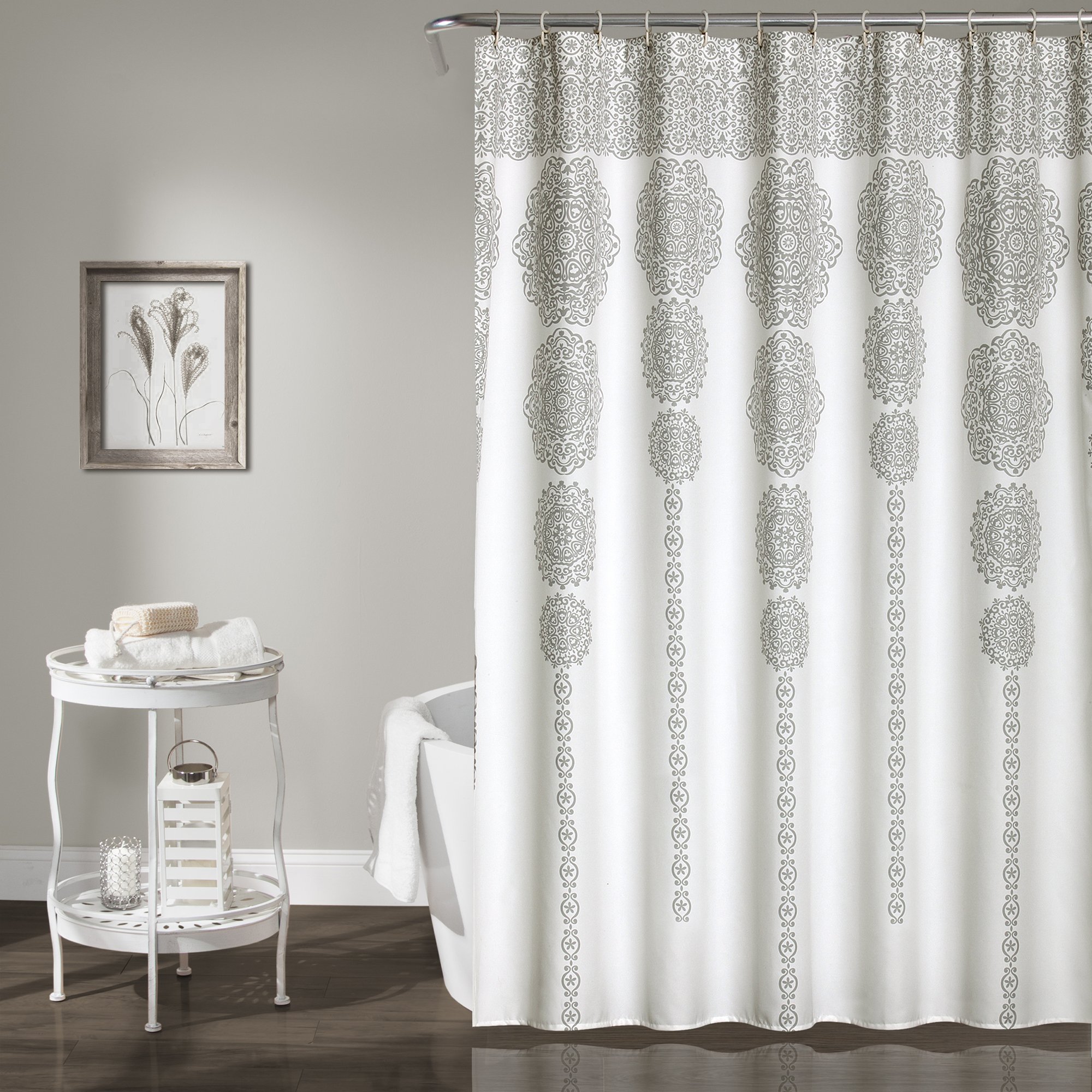 Lush Decor, Gray Stripe Medallion Shower Curtain-Fabric Mandala Bohemian Damask Print Design - 72" x 72"