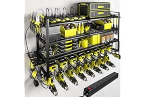 KAFAHOM Power Tool Organizer with Charging Station.Garage 8 Drill Holder Built in 8 Outlets Power Strip,Tool Storage Shelf Wall Mount,Tool Battery Organizer with Screwdriver/Hammer/Air Tool Rack