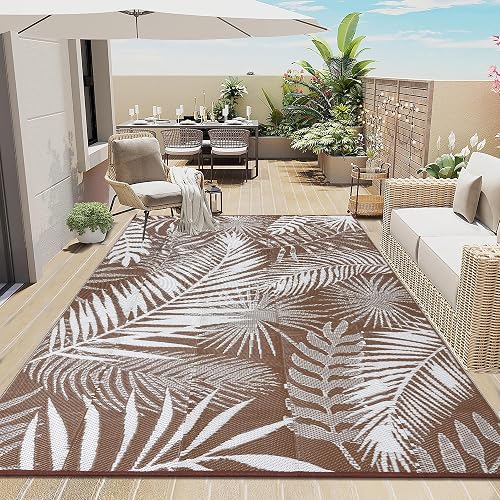 Enyhom Large Outdoor Rugs for Garden Waterproof 180 x 270 cm, Reversible Outdoor Mats Plastic Straw Rug, Portable Folding Picnic Woven Rug for RV, Patio, Backyard, Deck, Camping, Brown