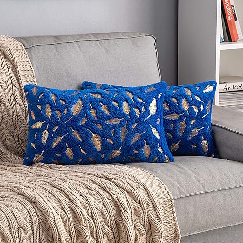 MIULEE Pack of 2 Decorative Throw Pillow Covers Plush Faux Fur with Gold Feathers Gilding Leaves Cushion Covers Cases Soft Fuzzy Cute Pillowcase for Couch Sofa Bed, 12x20 Inch, Blue