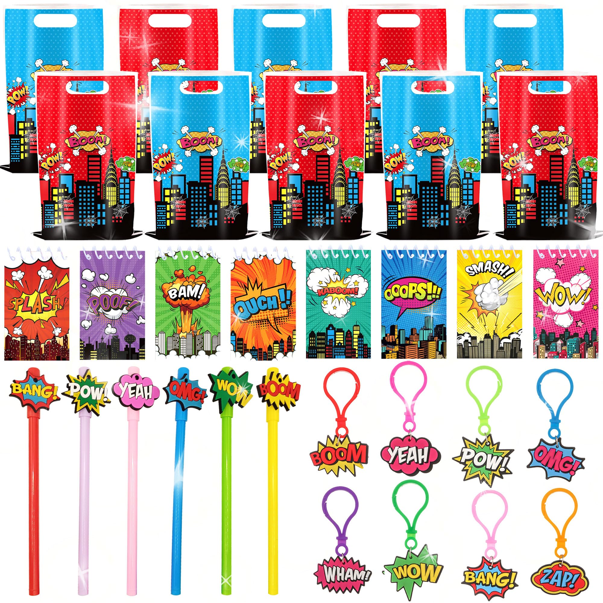 BACH AND BOOZY 32PCS Hero Party Favors Mini Spiral Notepads Hero Pens Gift Bags Button Pin Badges for Gift Bag Fillers Party Carnival Prizes