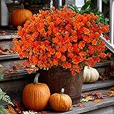 AXYLEX Artificial Fall Flowers Outdoor Fake Mums - 12 Bundles Fake Plants UV Resistant No Fade Faux Plastic Greenery Garden Porch Patio Fall Home Decor(OrangeGreen)