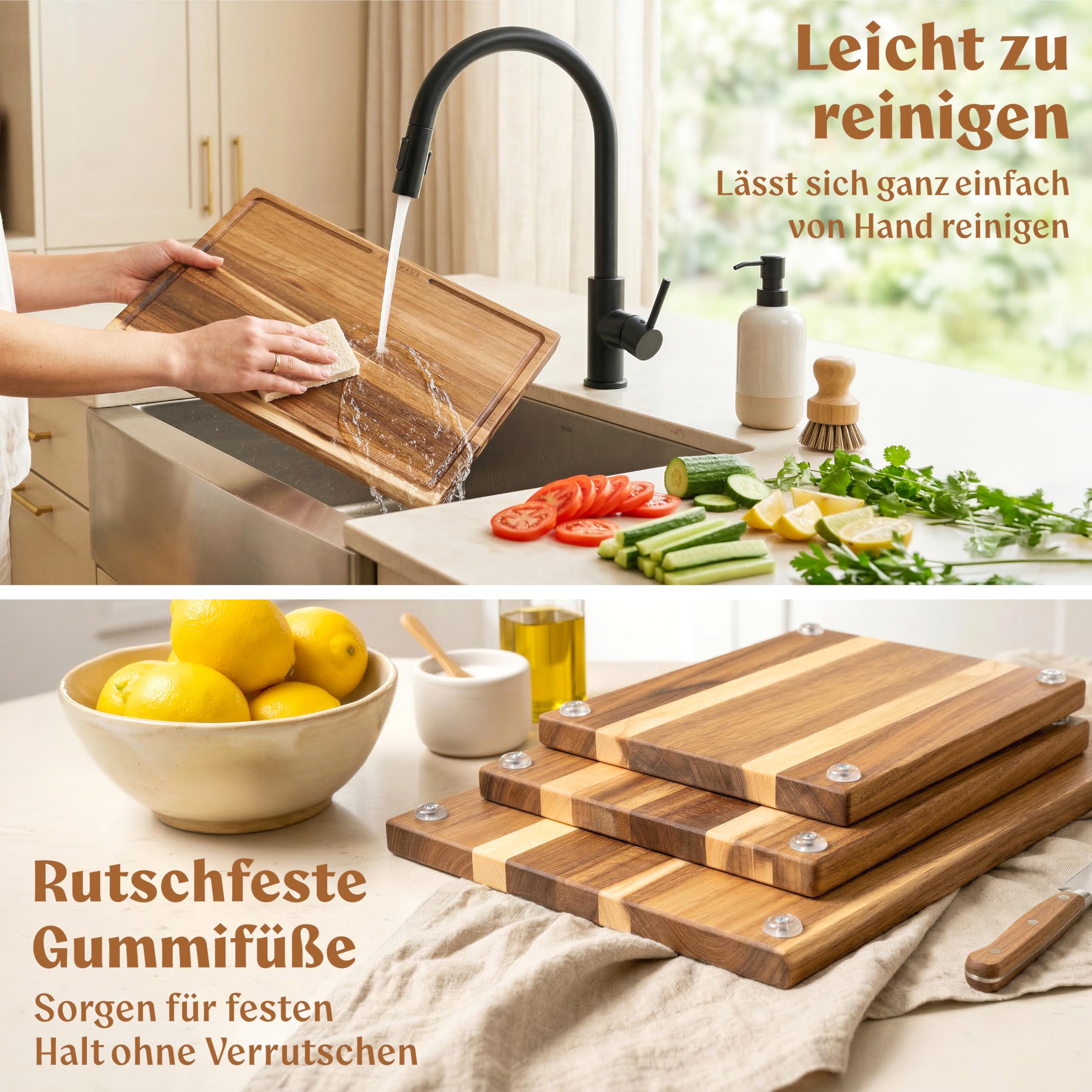EDELHAUS Schneidebrett Holz 3er Set (40x30cm / 33x24cm / 26x18cm) Holzschneidebrett aus Massiver Akazie - 2cm dicke Holzbretter Küche mit Saftrille - Design Cutting Board Schneidbrett Set 7