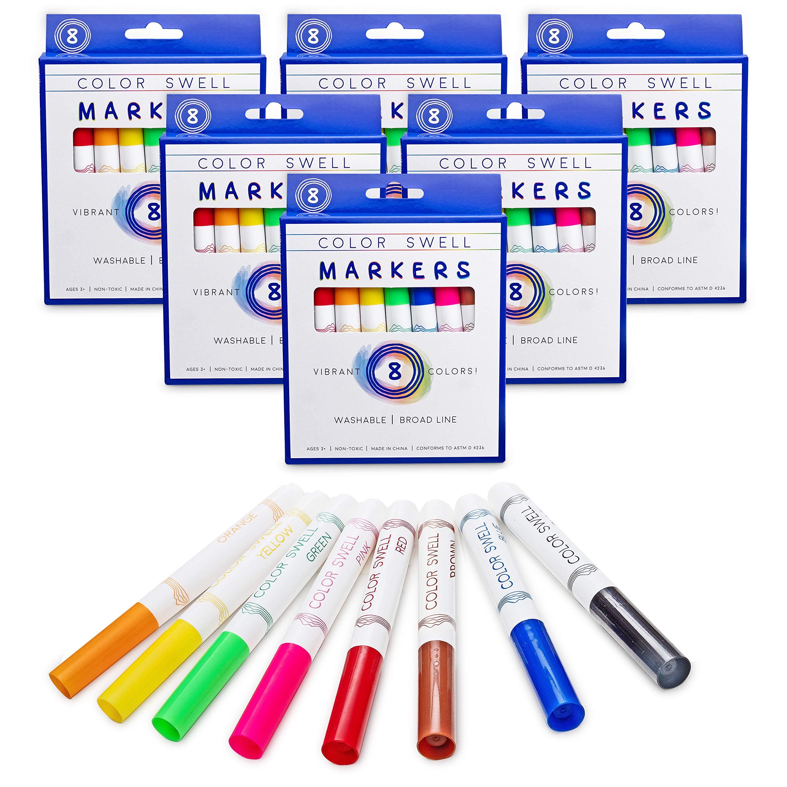 Color Swell Washable Markers Bulk Pack 6 Sets 8 Count Vibrant Colours 48 Total Perfect Bulk Pack for Teachers, Kids and Classrooms