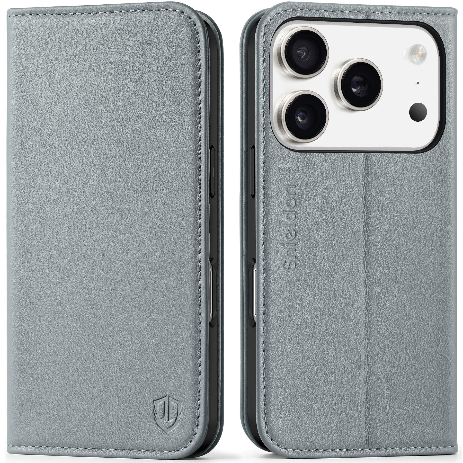 SHIELDON Genuine Leather Wallet Case for iPhone 17 Pro 6.3-inch 2025 | Folio Magnetic | RFID Blocking Credit Card Holder | Kickstand | TPU Shockproof Phone Cover for Men Women | Gray