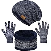 Senker Fashion Winter Hats Scarf and Gloves Set for Men Women, Slouchy Beanie Cap Neck Warmer Screen Touch Gloves Gifts