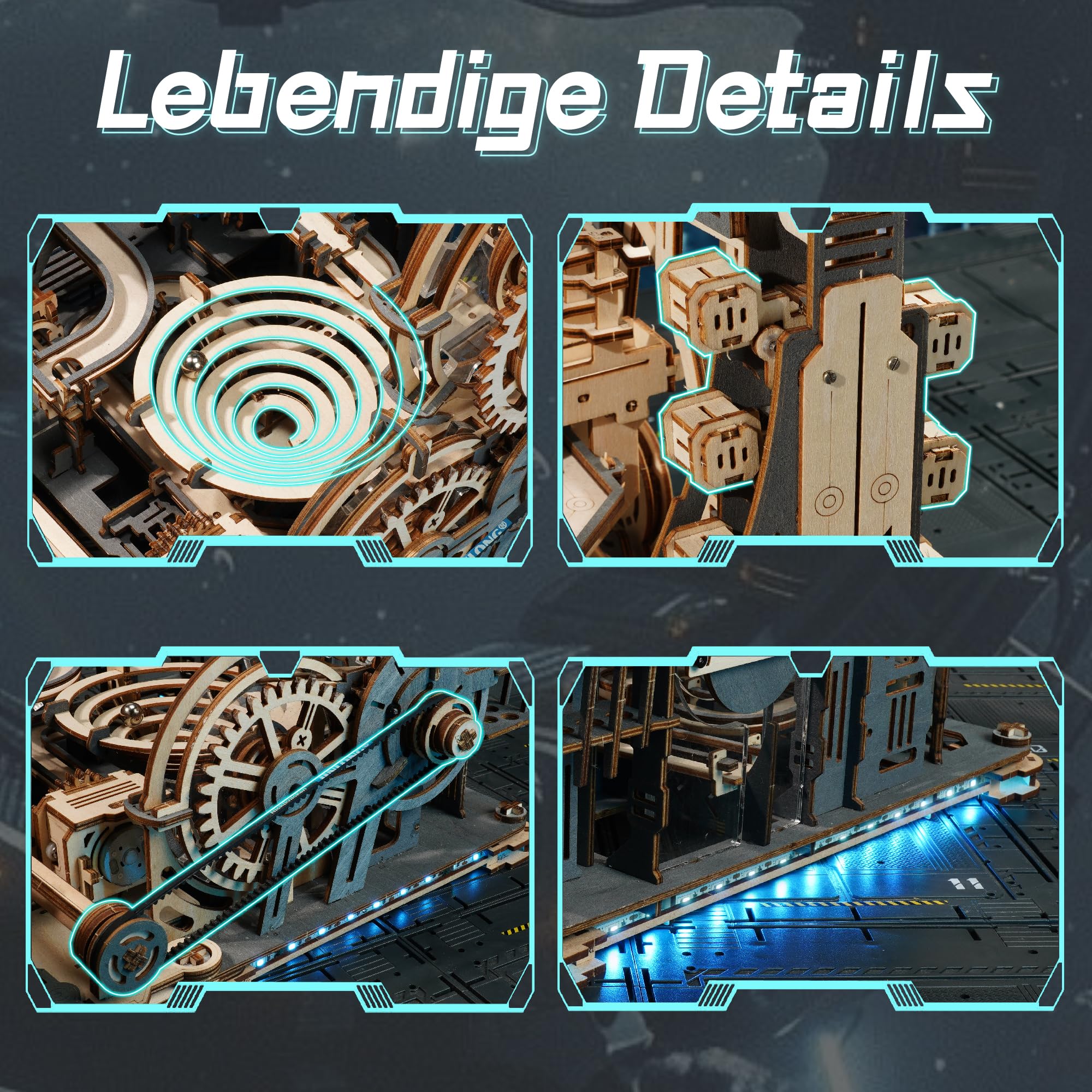 ROKR Kugelbahnen Kombi-Set 3D Puzzle Erwachsene Modellbausätze Geschenkidee für Männer Marble Spaceport & Night City & Link Pack 7