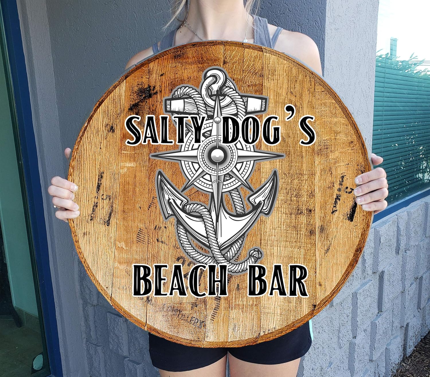 Barrel Head Sign Beach Bar Nautical Compass