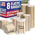 High-Performance Elastic Bandage Wrap - 8pk (2x2in, 2x3in, 2x4in, 2x6in) - Strong Self-Closing Compression Bandage Wrap - Foot, Ankle, Wrist, Knee, Body Wrap