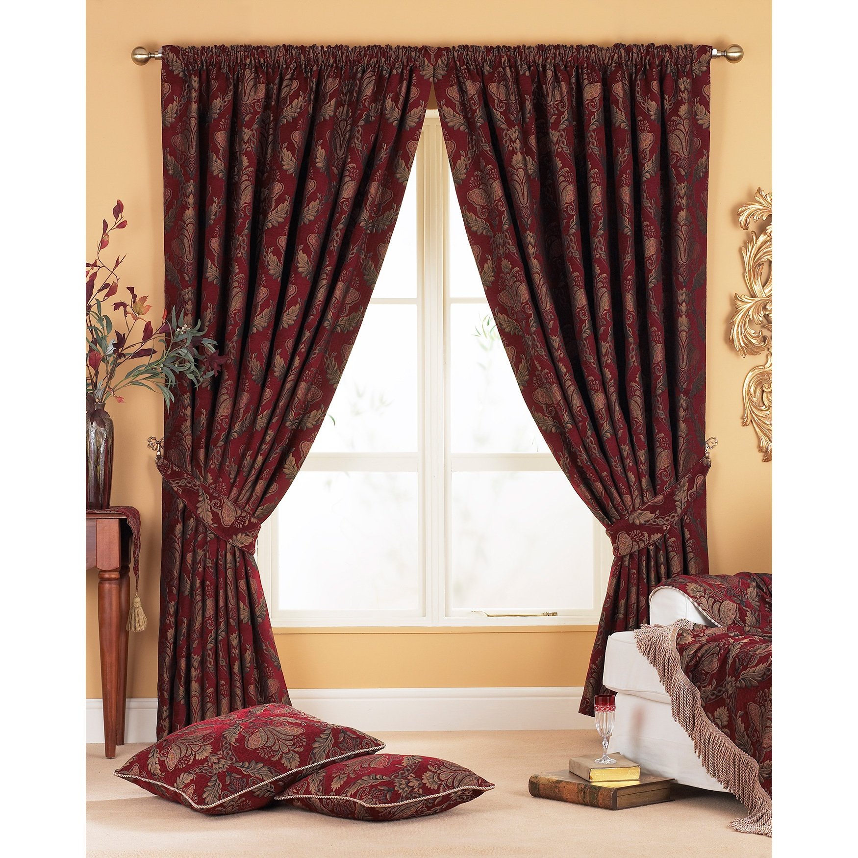 Shiraz Pencil Pleat Curtains (Pair), Burgundy Red and Gold, 168cm x 183cm