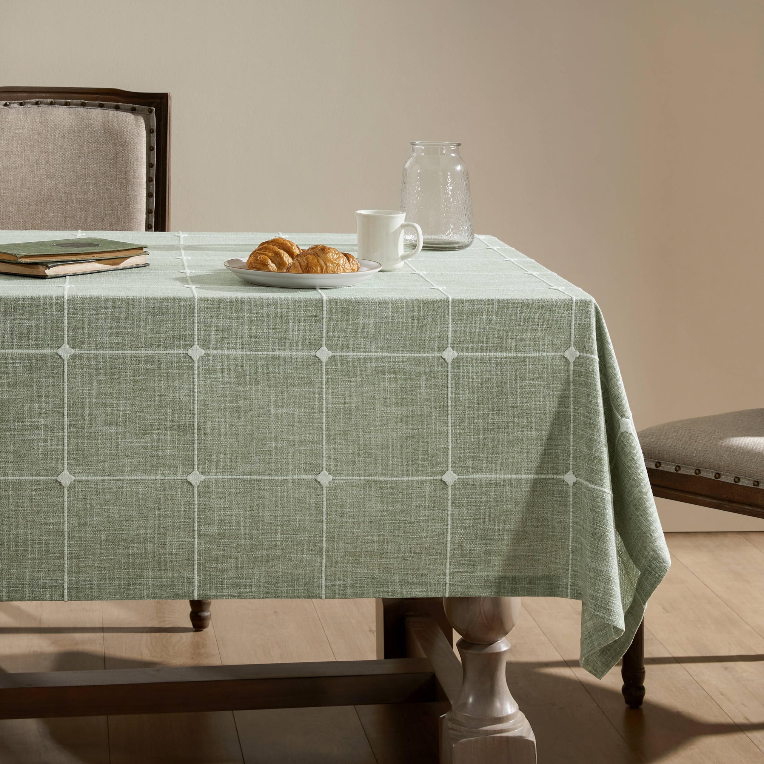 Photo 1 of ZeeMart Grid Embroidered Hemmed Tablecloths, Green 60x104 Inch, Farmhouse Style Heavy Weight Cotton Linen Sage Green Tablecloths, Boho Plaid Water Resistant Rectangle Table Cloth