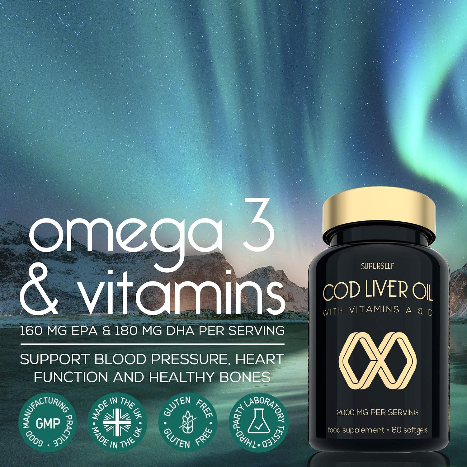 Cod Liver Oil Capsules High Strength 2000mg, Rich in EPA DHA Omega 3 & Vitamins D and A, 60 Softgel Tablets - Image 4