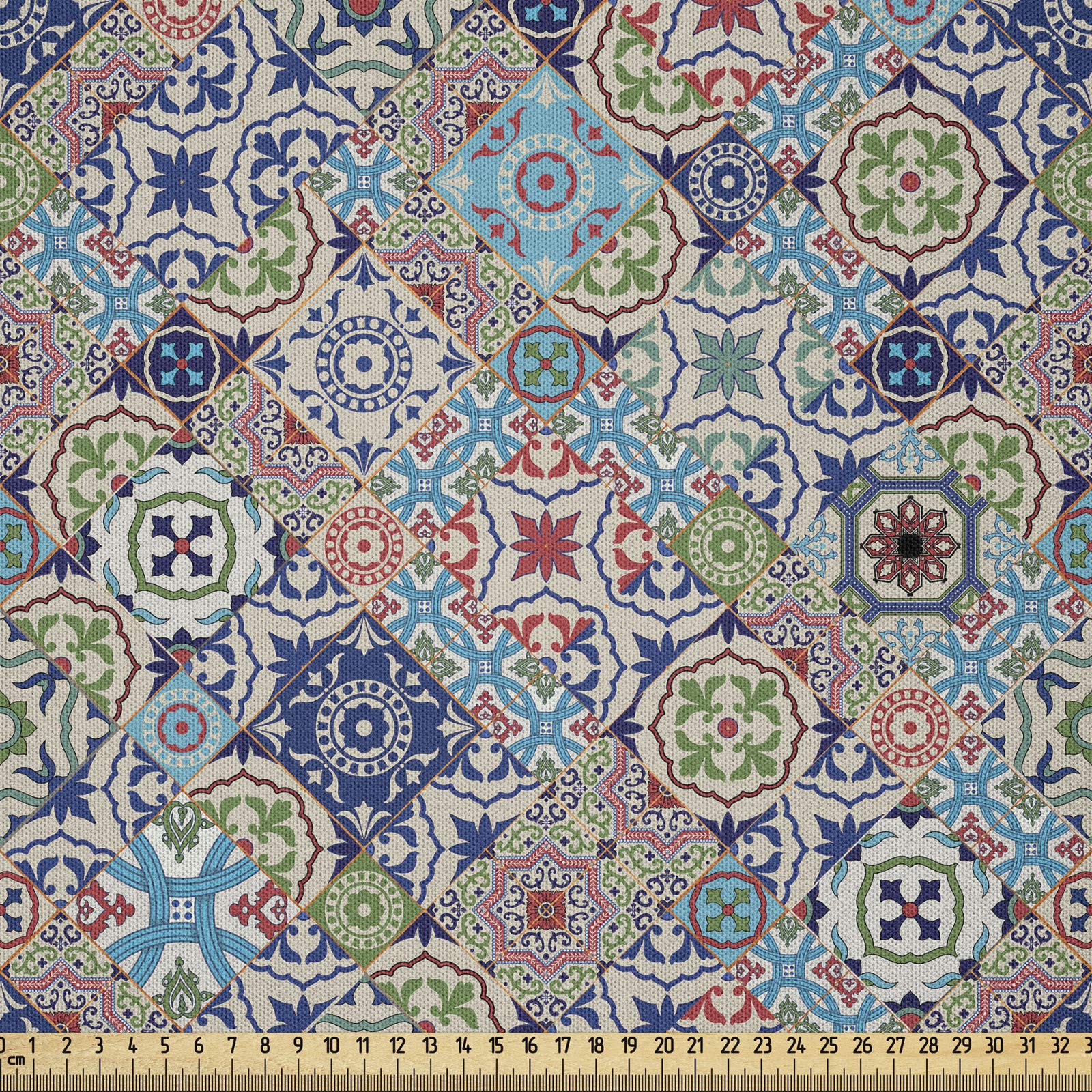 ABAKUHAUS Oriental Fabric by the Yard, Patchwork of Diagonally Aligned Mosaic Tiles in Moroccan Ornamentation Style Print, Microfiber Fabric for Arts and Crafts Textiles Decor, 3M, Multicolor