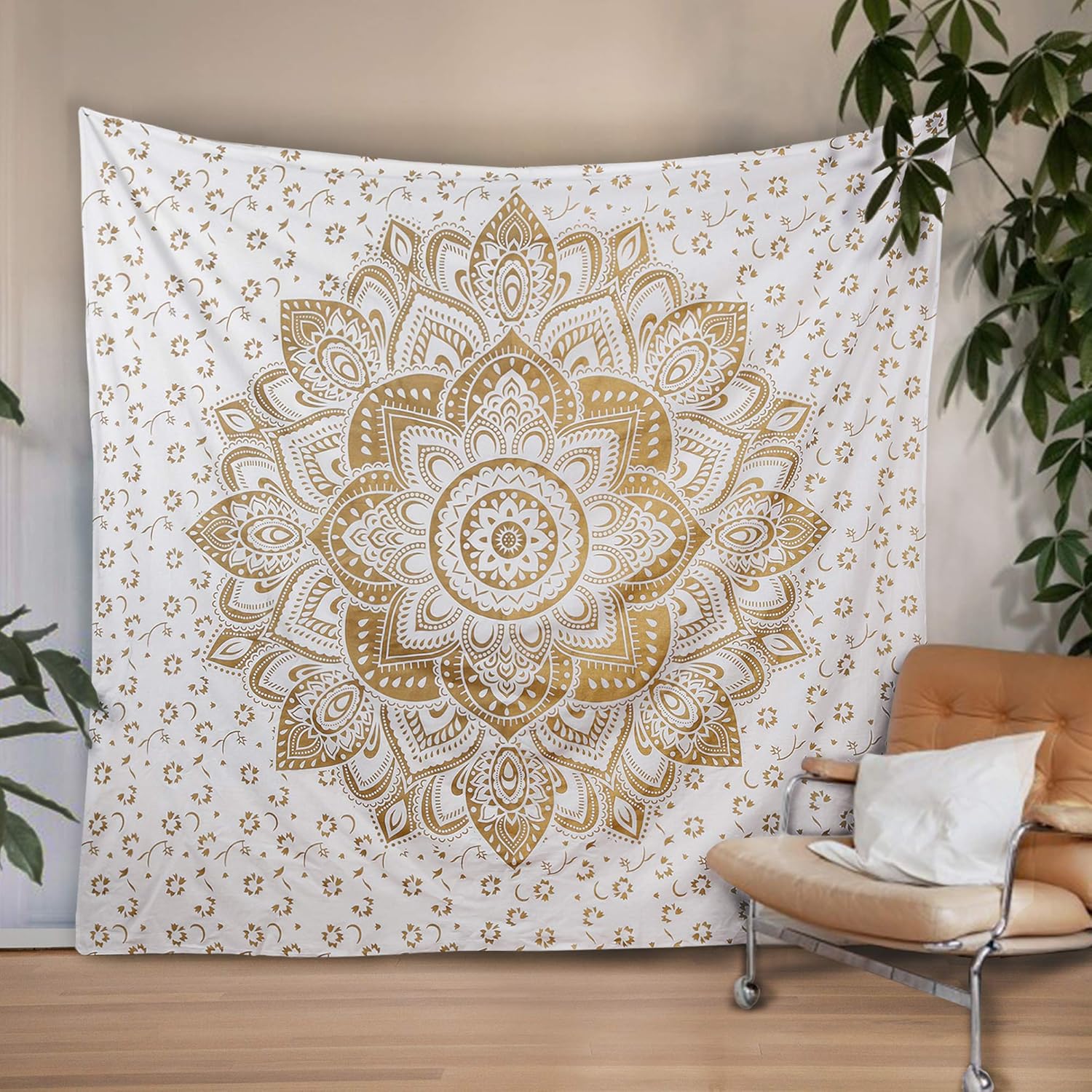Tapestries - Madhu International Mandala Tapestry Cotton | Indian Hippie Dorm Bohemian Psychedelic Peacock Mandala | Wall Hanging, Beach Throw, Bedsheet, Table Cover, Yoga Mat | King (White-Gold, 90 x 108 Inch)