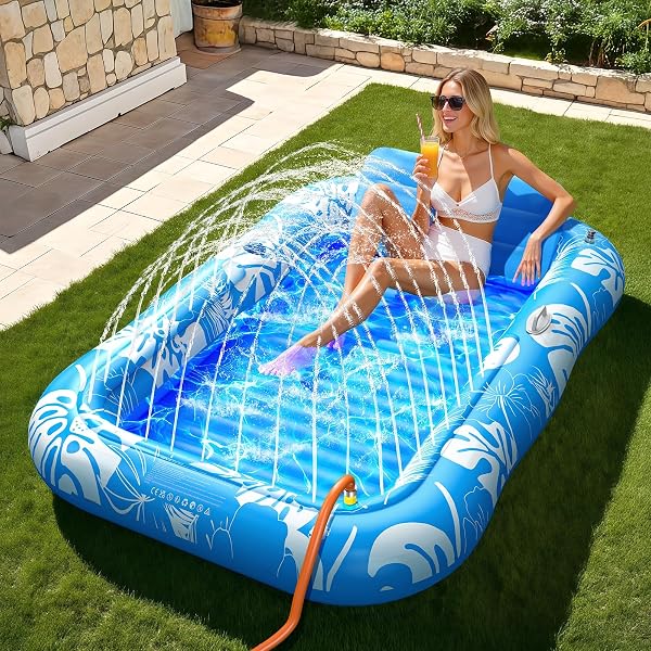 INFLATABLE TANNING POOL LOUNGER FLOAT WITH SPRINKLER, 77″ X 48″ POOL FLOATS ADULT WITH PILLOW, 6 IN 1 SUNTAN TUB RAFT FLOATIE WITH DRINK HOLDER SUNBATHING WATER LOUNGE