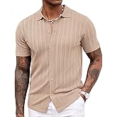 COOFANDY Men's Knit Shirts Short Sleeve Button Down Polo Shirt Crochet Casual Vintage Summer Beach Shirts
