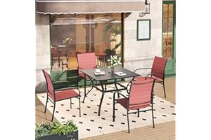 HERA'S HOUSE 5 Pieces Patio Dining Set, Outdoor Table and Chairs Set for 4, 4 x Red Textilene Dining Chair, 37" Square Metal Dining Table, for Lawn Garden Backyard Deck
