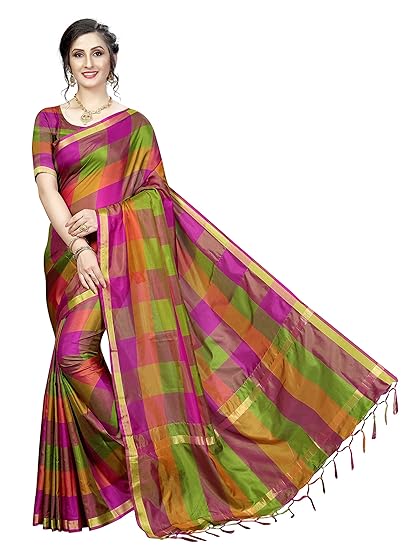 women's Cotton Silk style saree with blouse piece (Multi-Color_Free_Size) TK-IKKAT CHECKS
