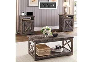 LUXOAK 3-Piece Farmhouse Living Room Table Sets, Includes 1 x Coffee Table, 2 x End Tables with Charging Station & USB Ports,
