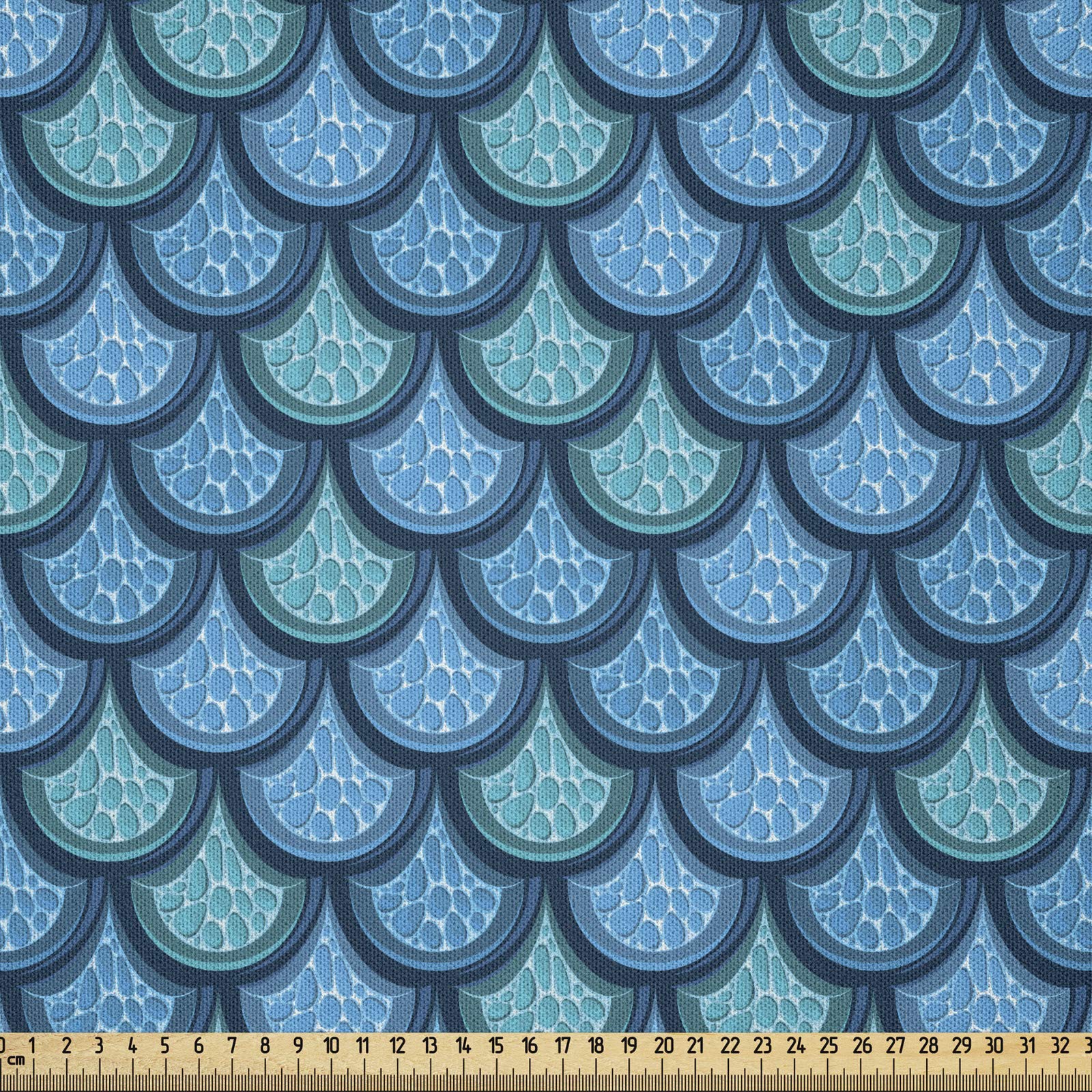 ABAKUHAUS Fish Scale Fabric by the Yard, Nautical Design Realistic Graphic Water Drops on Half Circles Print, Microfiber Fabric for Arts and Crafts Textiles Decor, 1M (230x100cm), Blue and Turquoise