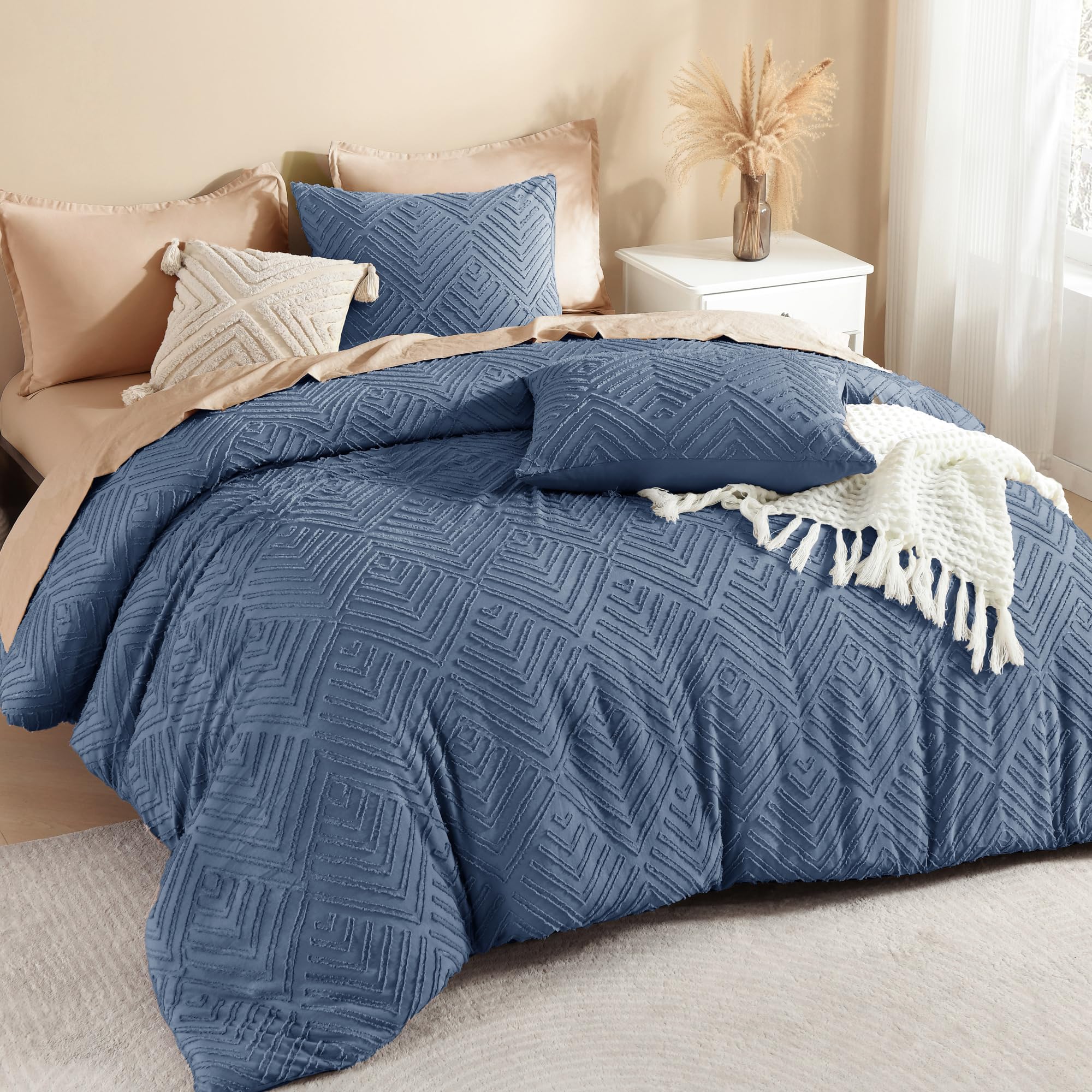 Photo 1 of Litanika Ocean Blue King Size Comforter Set, 3 Pieces Tufted Boho Farmhouse Bedding Comforter Sets, Lightweight Fluffy Comforter Bed Set for All Season (104x90In Comforter and 2 Pillowcases)