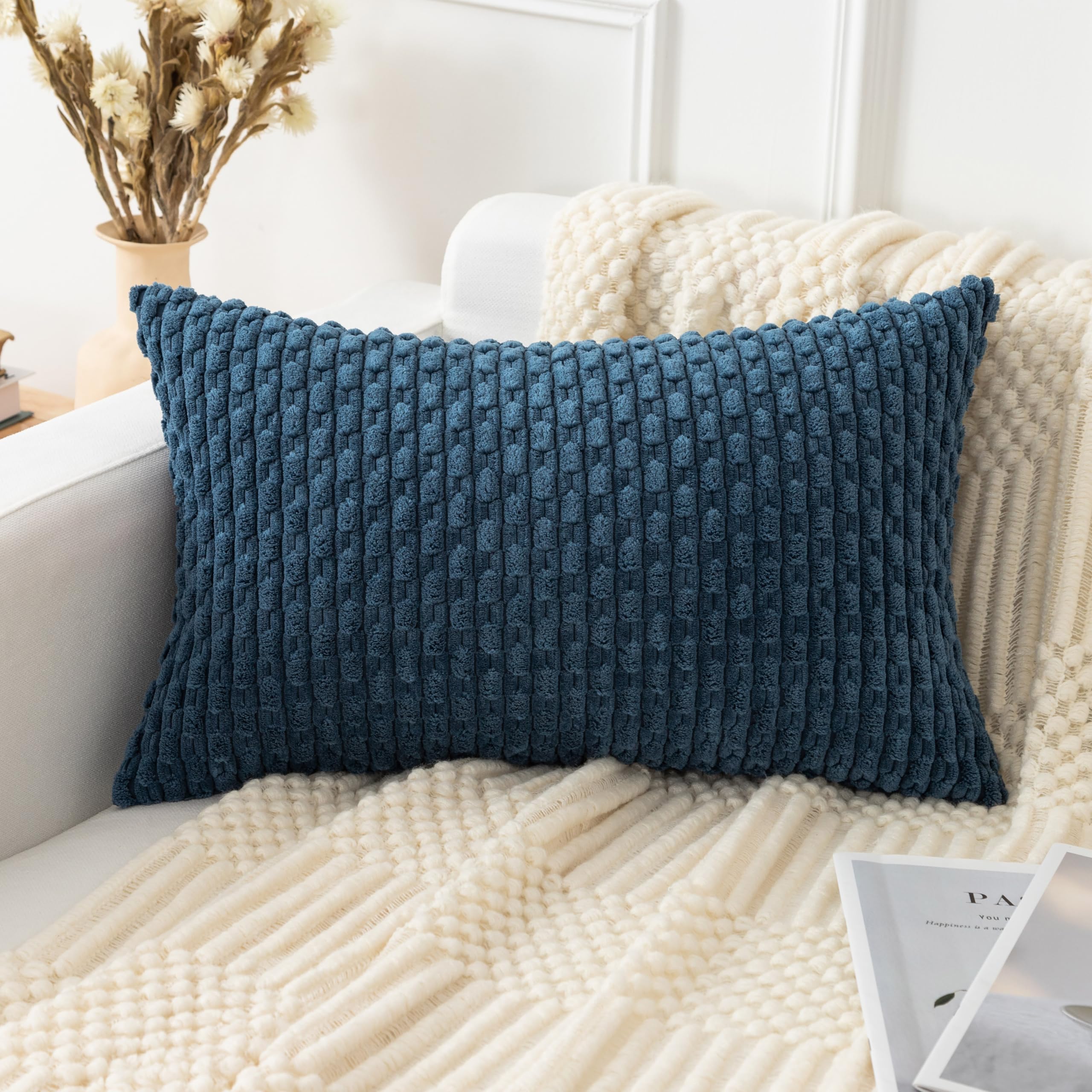 Photo 1 of UGASA Soft Corduroy Decorative Pillow Cover 12x20 Inch Boho Striped Oblong Throw Pillow Cover Modern Home Decor for Sofa Living Room Couch Bed Blue, 1 Piece