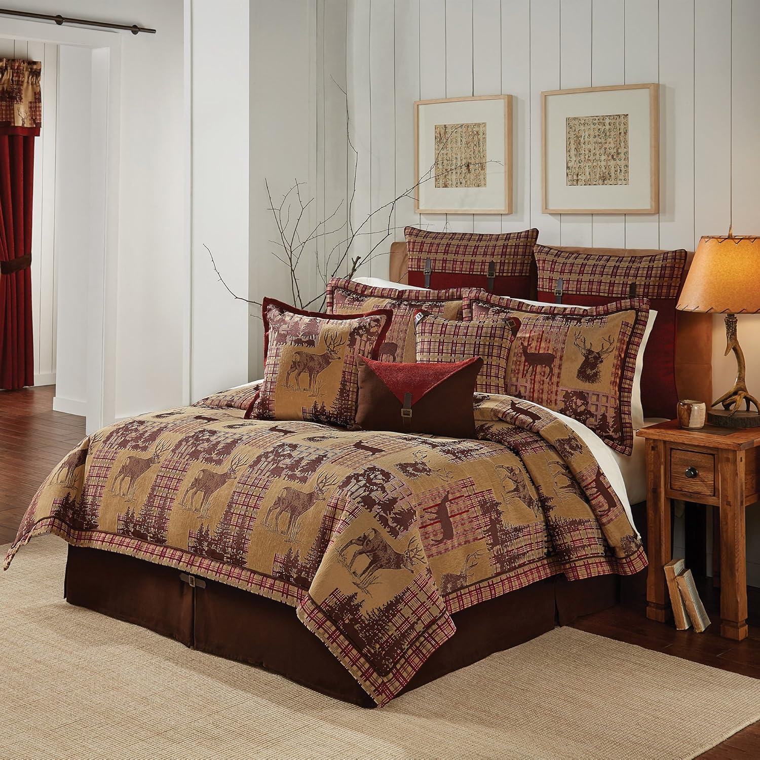 D&H 4 Piece Tan Brown Gold Red Cabin Themed Comforter King/Cal King Set, Hunting