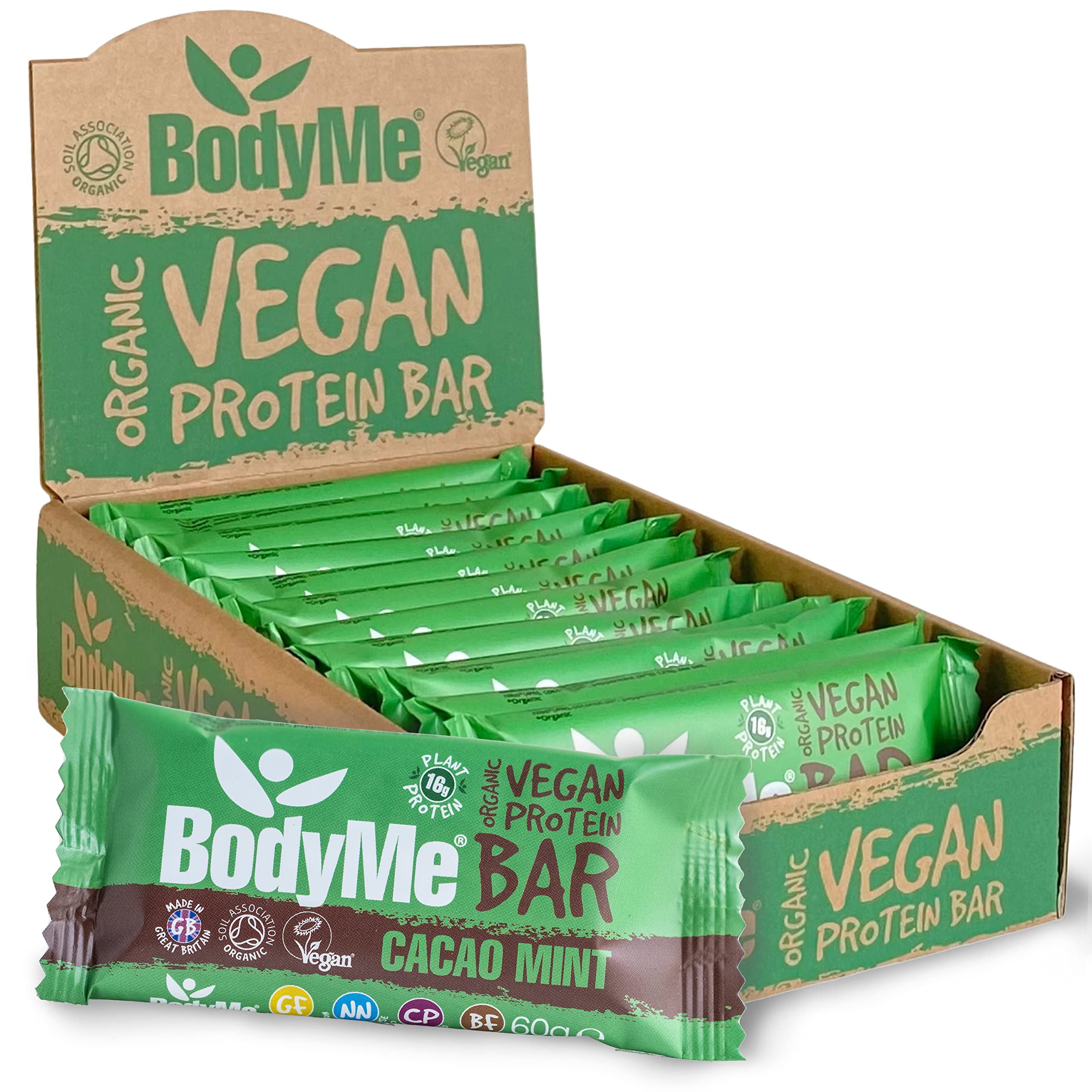 BodyMe Organic Vegan Protein Bar | Raw Cacao Mint | 12 x 60g Protein Snack Bars | Gluten Free | 16g Complete Protein | 3 Plant Proteins with All Essential Amino Acids | High Protein Vegan Snacks