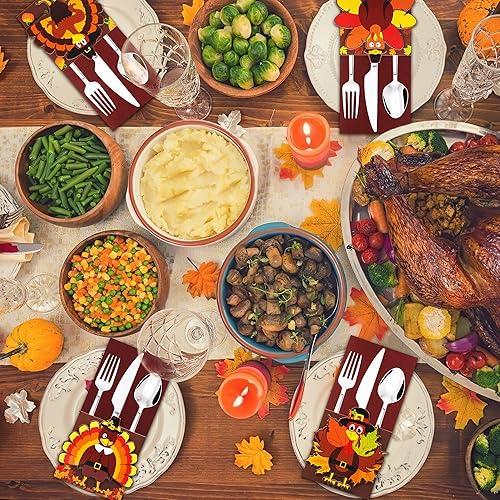 Fall Thanksgiving Cutlery Holder Set, 24 Pcs Thanksgiving Turkey