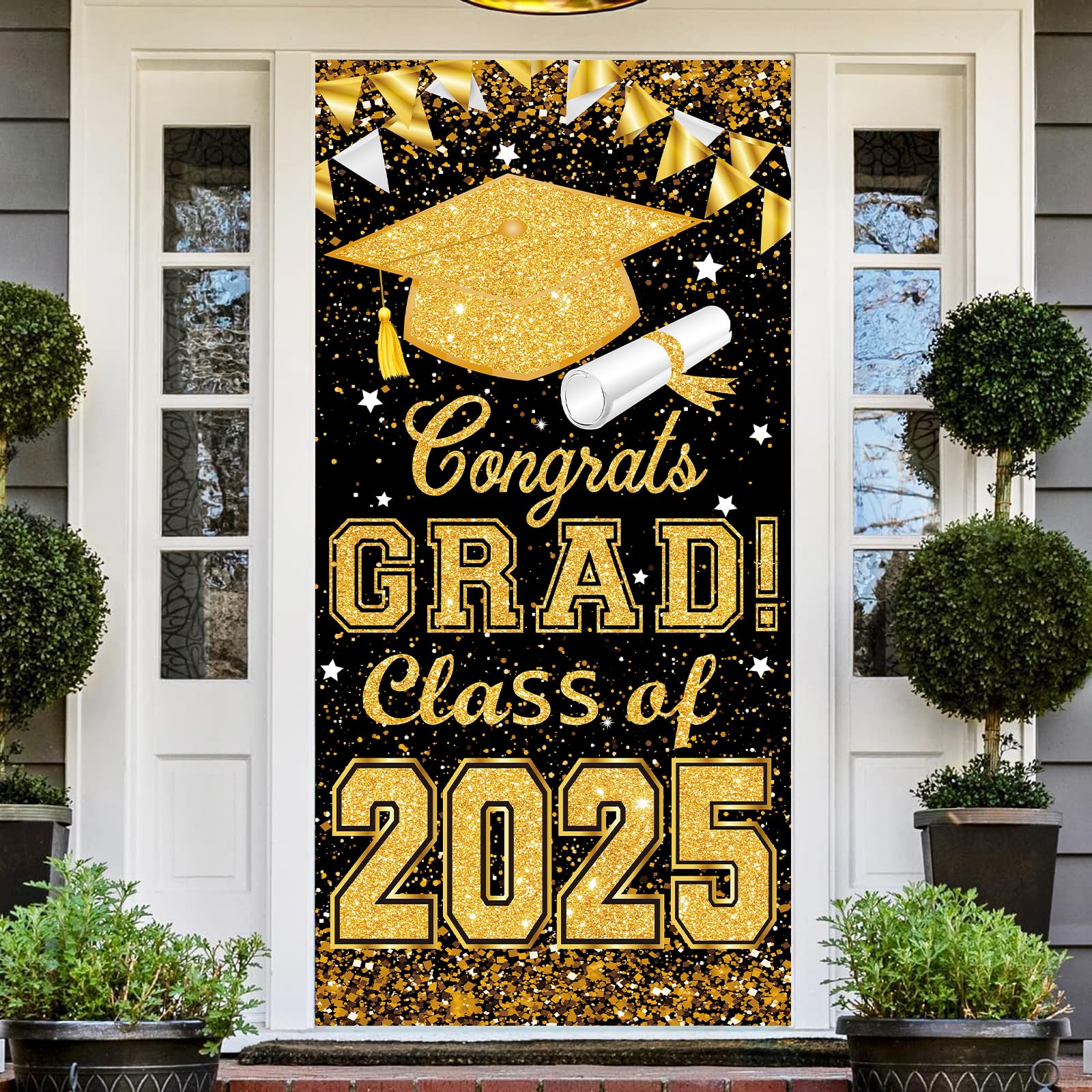 Photo 1 of 73 x 36 Inch Congrats Grad Class of 2025 Sign Banner Door Cover, Graduation Party Decorations, Large Front Door Porch Sign Backdrop for Wall Indoor Outdoor Photo Booth Props Party Supplies (Gold)