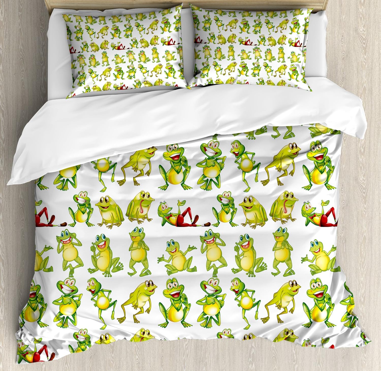 Ambesonne Nursery Duvet Cover Set, Frogs in Different Positions Funny Happy Expressions Faces Toads Cartoon, Decorative 3 Piece Bedding Set with 2 Pillow Shams, Queen Size, Green Yellow