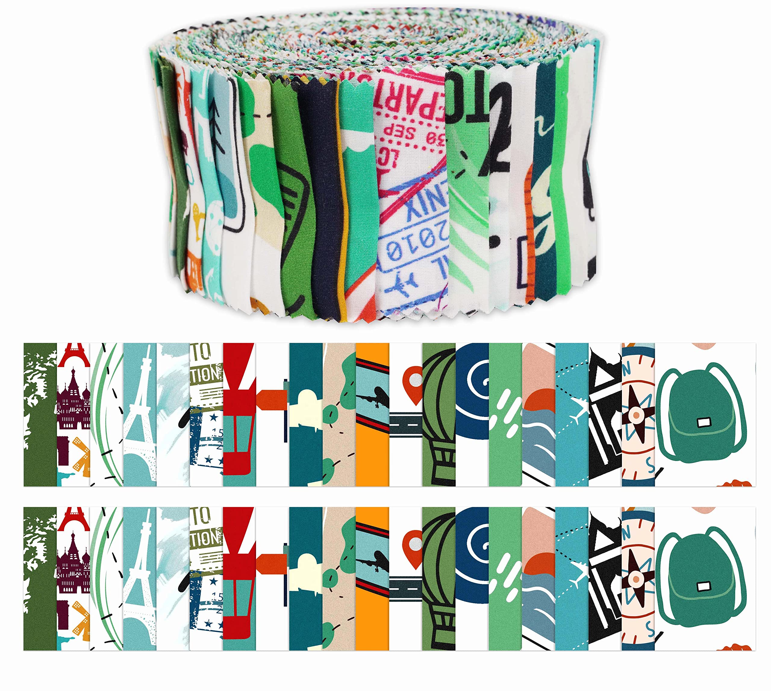 Soimoi 40Pcs Travel Print Cotton Precut Fabrics for Quilting Craft Strips 2.5x42inches Jelly Roll - Multicolor