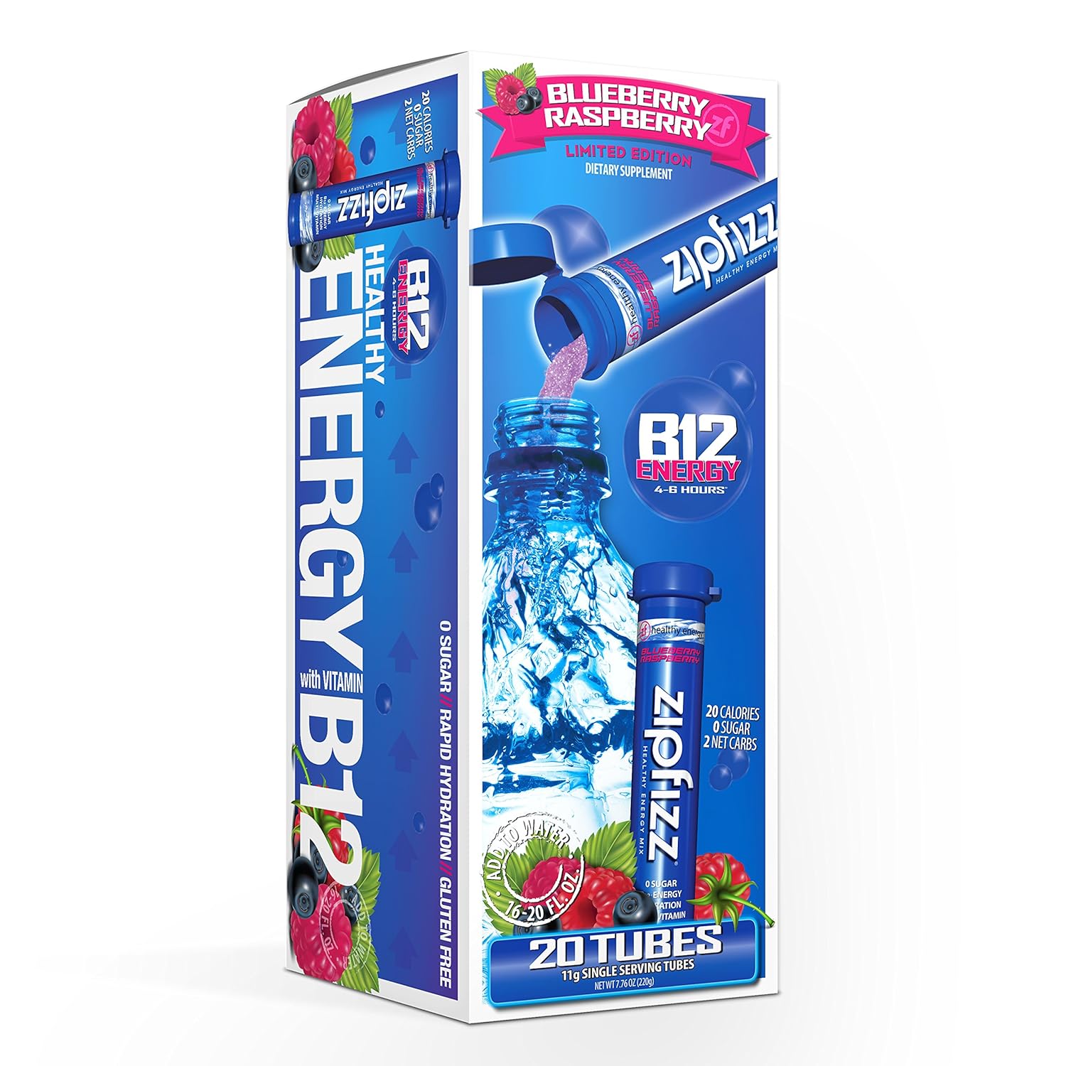 Zipfizz Healthy Energy Drink Mix, Hydration with B12 and Multi Vitamins, Blueberry Raspberry, 20 Count : Grocery & Gourmet Food