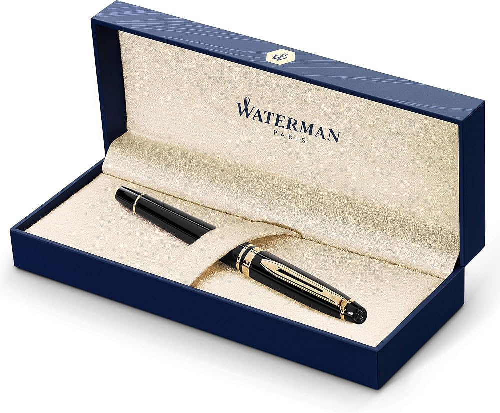 Waterman Expert Fountain Pen Gloss Black 23k Gold Trim Fine Nib Gift Box
